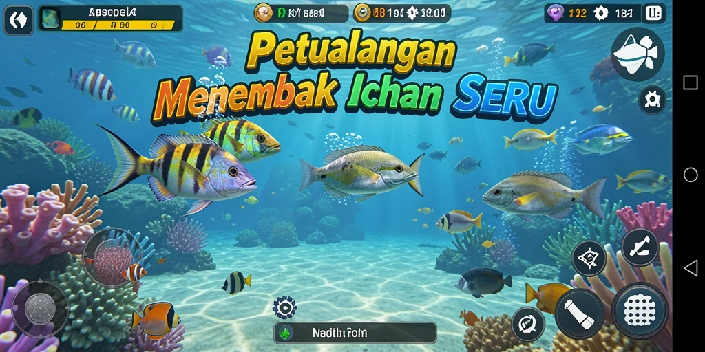 Tampilan gameplay menarik menembak ikan di bawah laut.