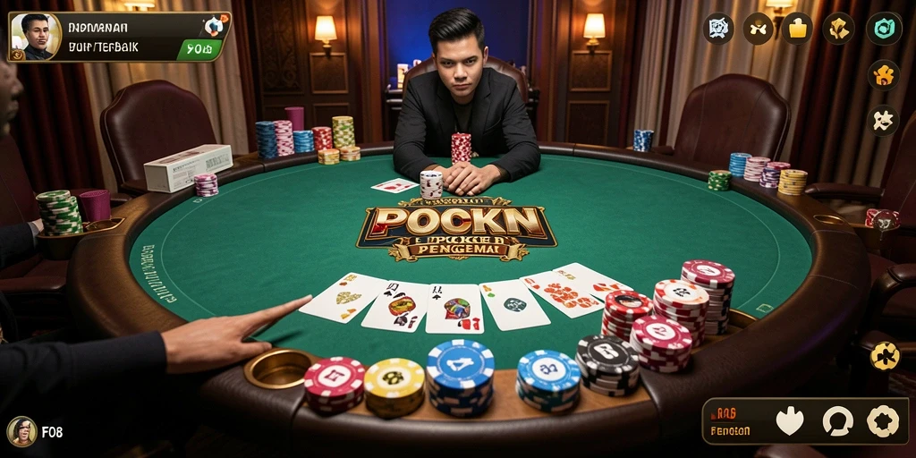Tangkap layar gameplay FO8 menampilkan aksi seru di meja Poker.