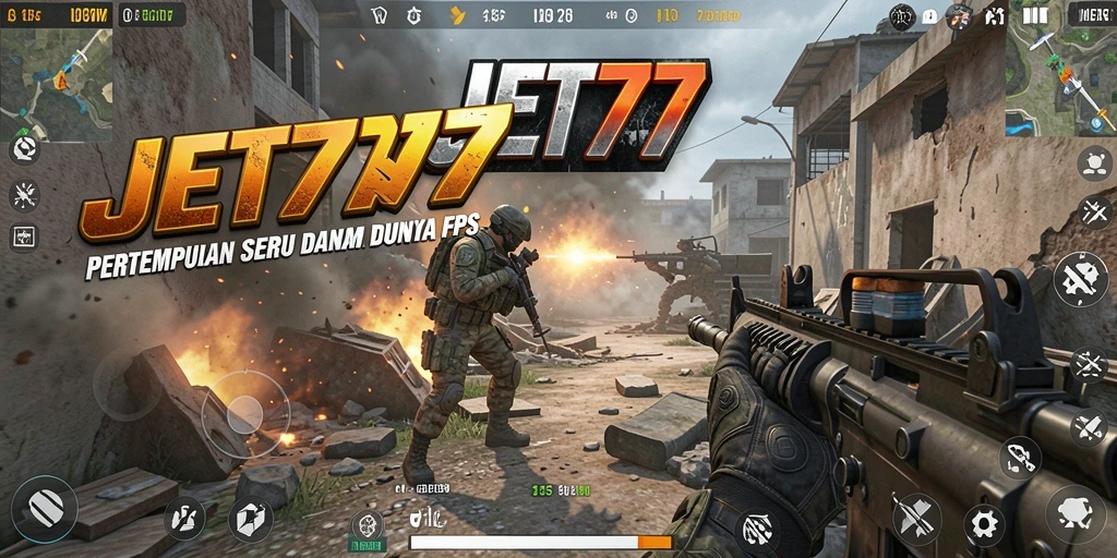 Tangkapan layar gameplay JET77 menampilkan aksi menembak yang intens.