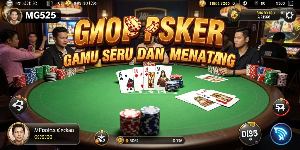 Screenshot gameplay MG525 menampilkan meja poker dengan pemain yang berinteraksi.