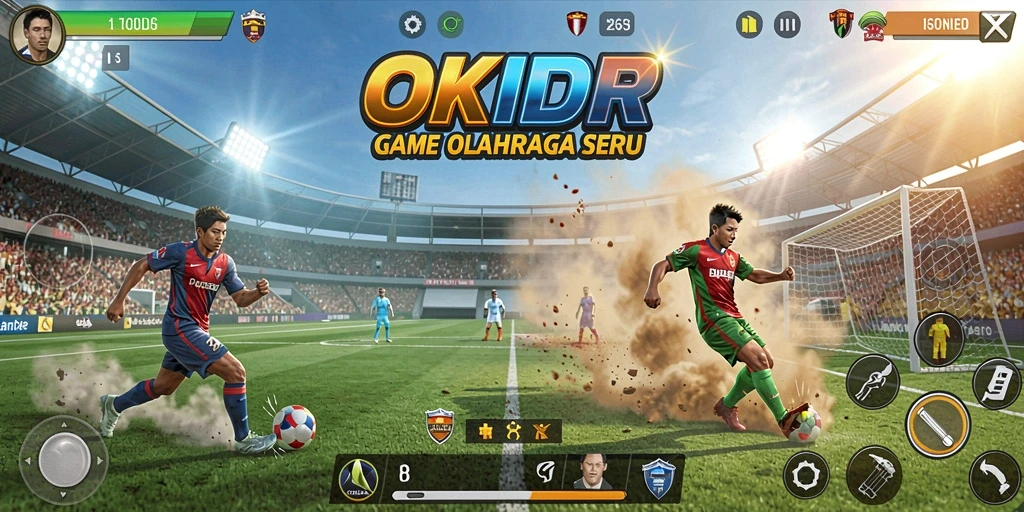 Screenshot menunjukkan gameplay seru dari OKIDR dengan latar belakang lapangan olahraga.
