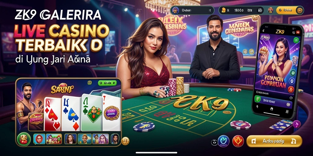 Screenshot utama ZK9 menampilkan dealer yang menghidupkan permainan Live Casino dengan interaksi menarik.